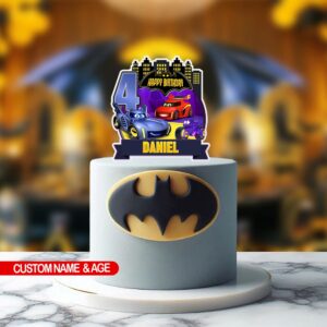 Personalized Batwheels Cake Topper for themed birthday decoration.