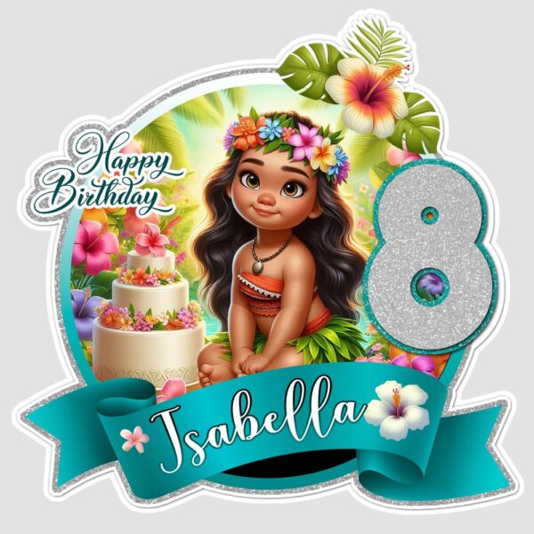 Printable Moana Cake Topper for sublimation or party decor, personalized with name and age.