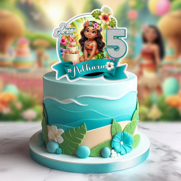 Personalized Moana Cake Topper Printable with tropical flowers, custom name, and age.